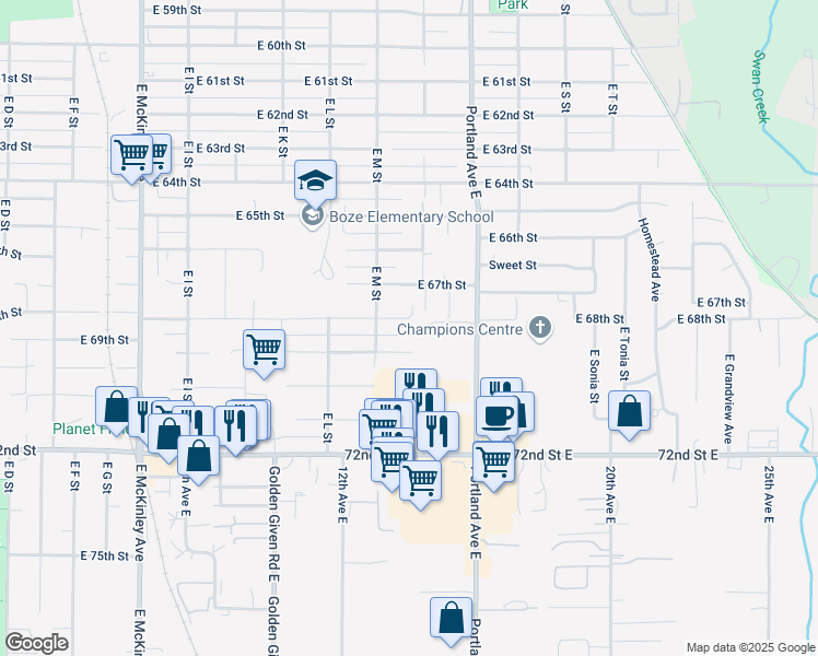 map of restaurants, bars, coffee shops, grocery stores, and more near 1442 East 68th Street in Tacoma