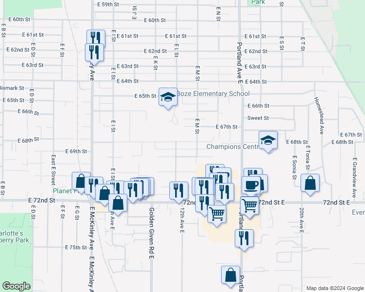 map of restaurants, bars, coffee shops, grocery stores, and more near 1210 East 68th Street in Tacoma
