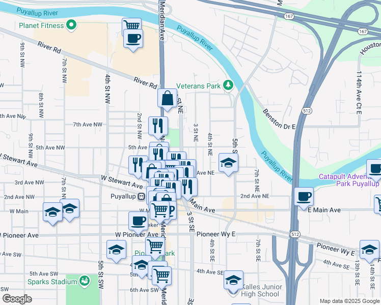 map of restaurants, bars, coffee shops, grocery stores, and more near 212 5th Avenue Northeast in Puyallup