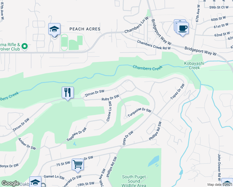 map of restaurants, bars, coffee shops, grocery stores, and more near 7501 Ruby Drive Southwest in Lakewood