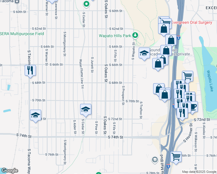 map of restaurants, bars, coffee shops, grocery stores, and more near 6829 South Oakes Street in Tacoma