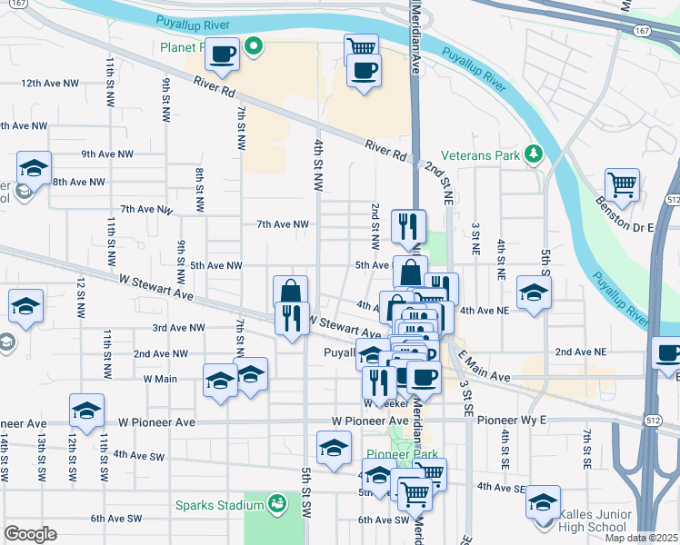 map of restaurants, bars, coffee shops, grocery stores, and more near 307 4th Avenue Northwest in Puyallup
