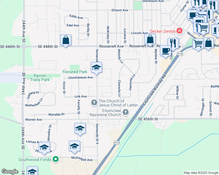 map of restaurants, bars, coffee shops, grocery stores, and more near 2620 Moore Street in Enumclaw