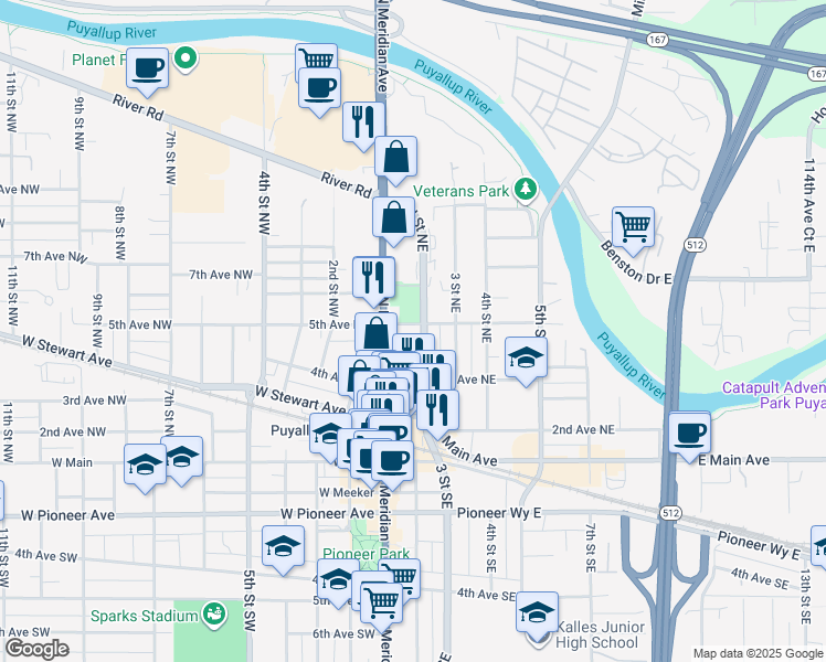 map of restaurants, bars, coffee shops, grocery stores, and more near in Puyallup