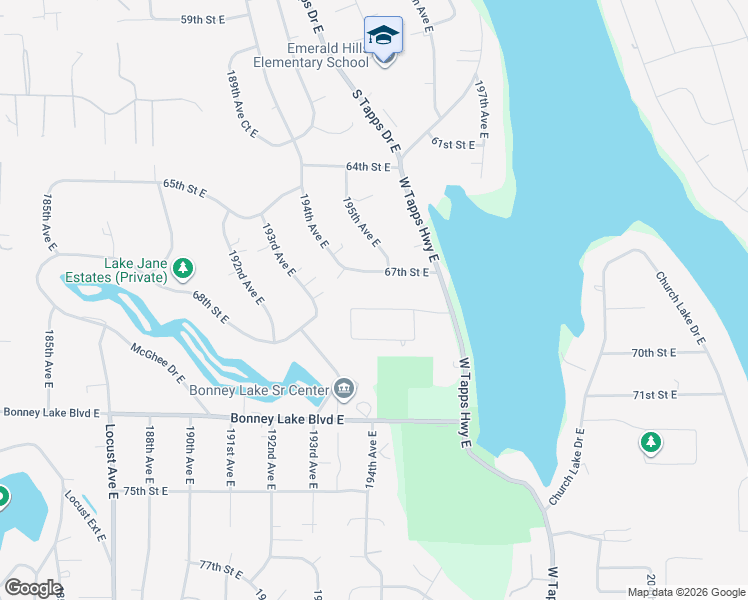 map of restaurants, bars, coffee shops, grocery stores, and more near 19407 67th Street Court East in Bonney Lake