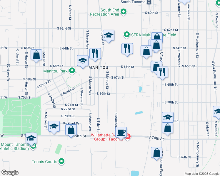 map of restaurants, bars, coffee shops, grocery stores, and more near 6707A South Monroe Street in Tacoma