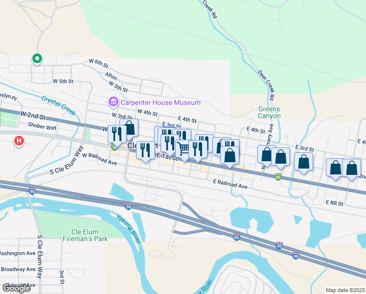 map of restaurants, bars, coffee shops, grocery stores, and more near 202 East 3rd Street in Cle Elum