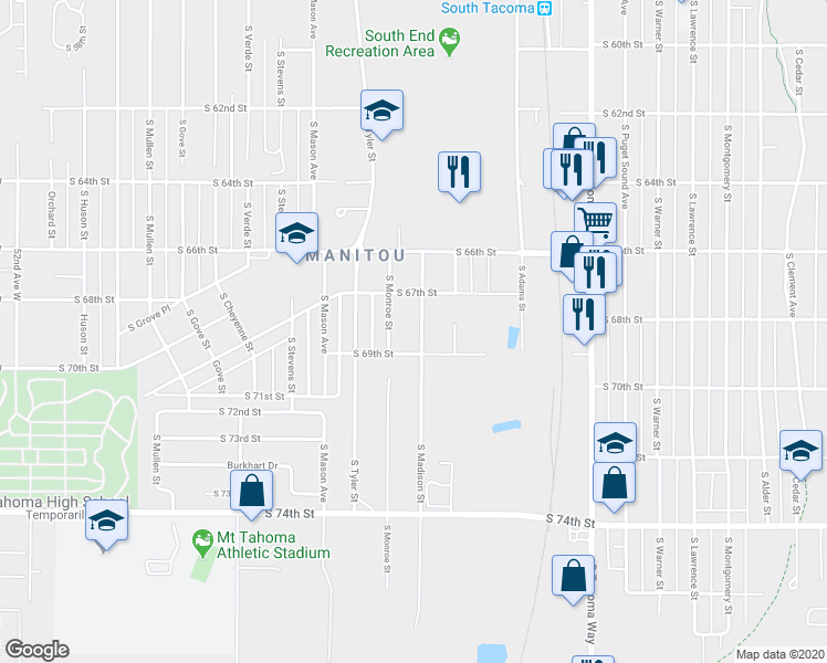map of restaurants, bars, coffee shops, grocery stores, and more near 6709 South Madison Street in Tacoma