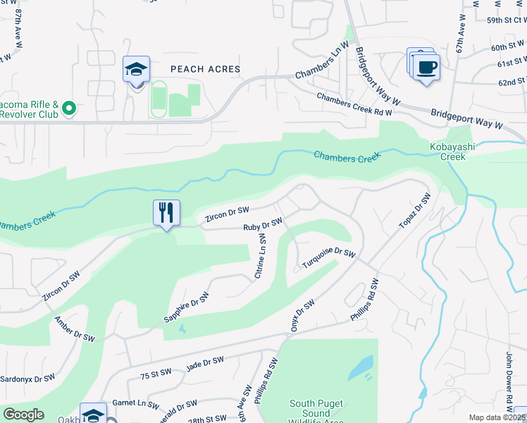 map of restaurants, bars, coffee shops, grocery stores, and more near 7609 Zircon Drive Southwest in Lakewood
