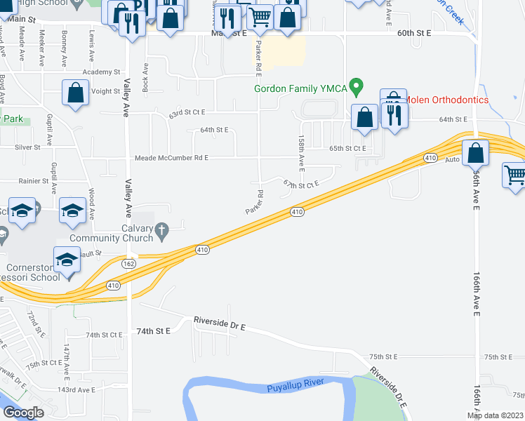 map of restaurants, bars, coffee shops, grocery stores, and more near 6725 Parker Road East in Sumner