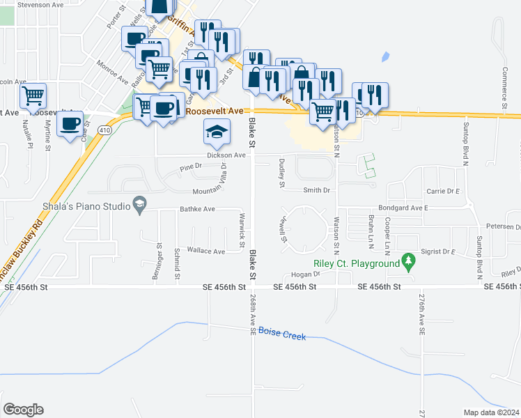 map of restaurants, bars, coffee shops, grocery stores, and more near 503 Blake Street in Enumclaw