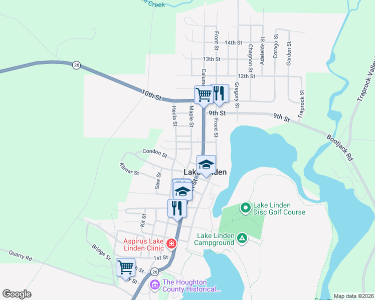 map of restaurants, bars, coffee shops, grocery stores, and more near 801-861 Maple Street in Lake Linden
