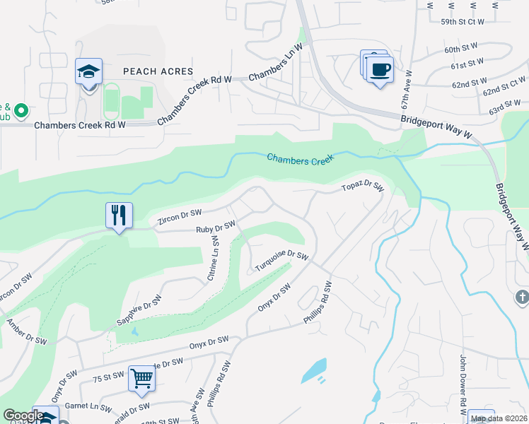 map of restaurants, bars, coffee shops, grocery stores, and more near 7425 Ruby Drive Southwest in Lakewood