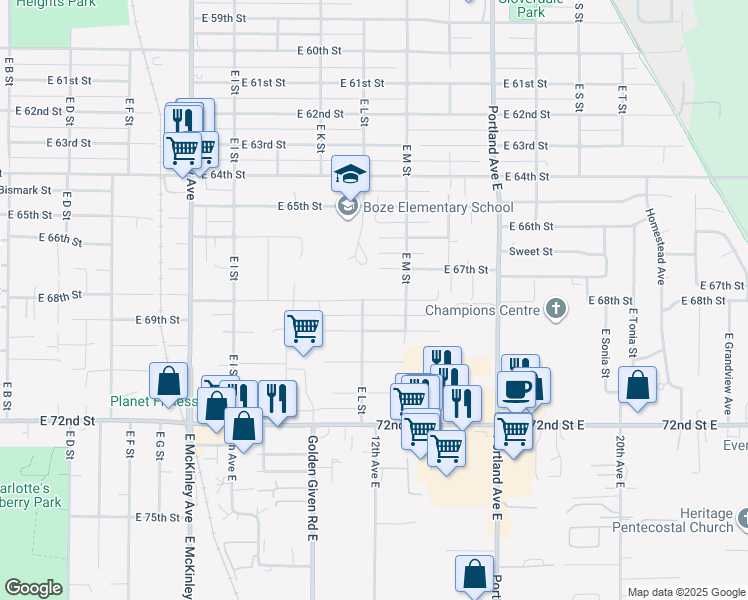 map of restaurants, bars, coffee shops, grocery stores, and more near East 68th Street in Tacoma
