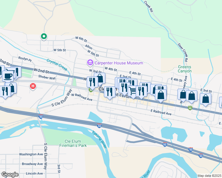 map of restaurants, bars, coffee shops, grocery stores, and more near 100 West 1st Street in Cle Elum