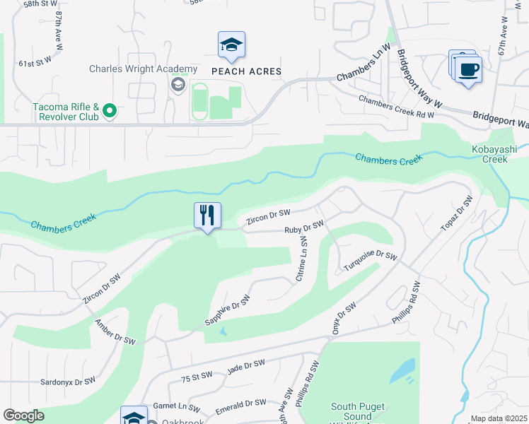 map of restaurants, bars, coffee shops, grocery stores, and more near 7705 Zircon Drive Southwest in Lakewood