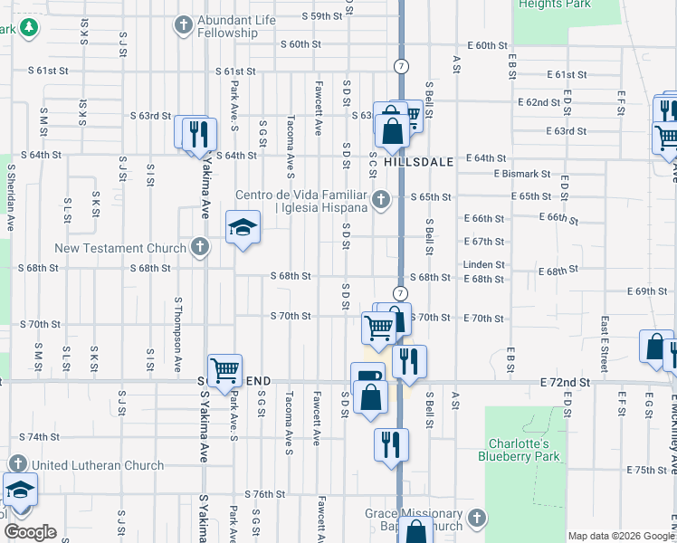map of restaurants, bars, coffee shops, grocery stores, and more near 6711 Fawcett Avenue in Tacoma