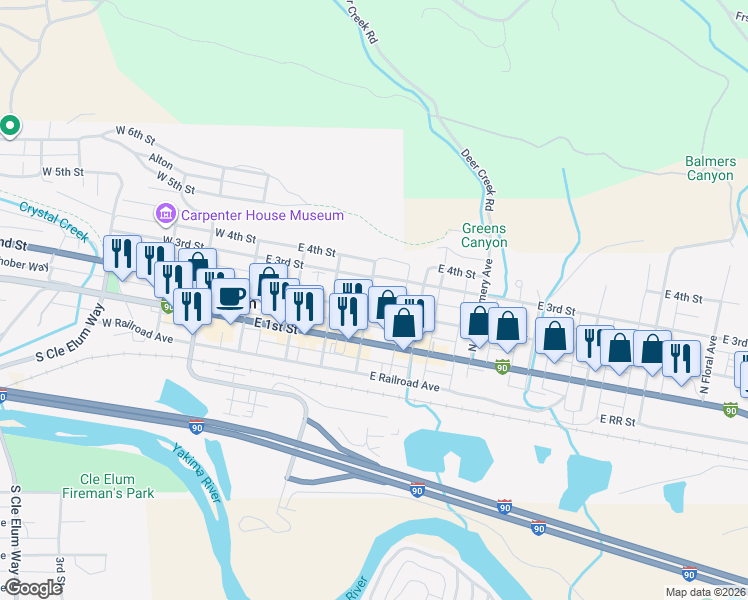map of restaurants, bars, coffee shops, grocery stores, and more near 312 East 3rd Street in Cle Elum