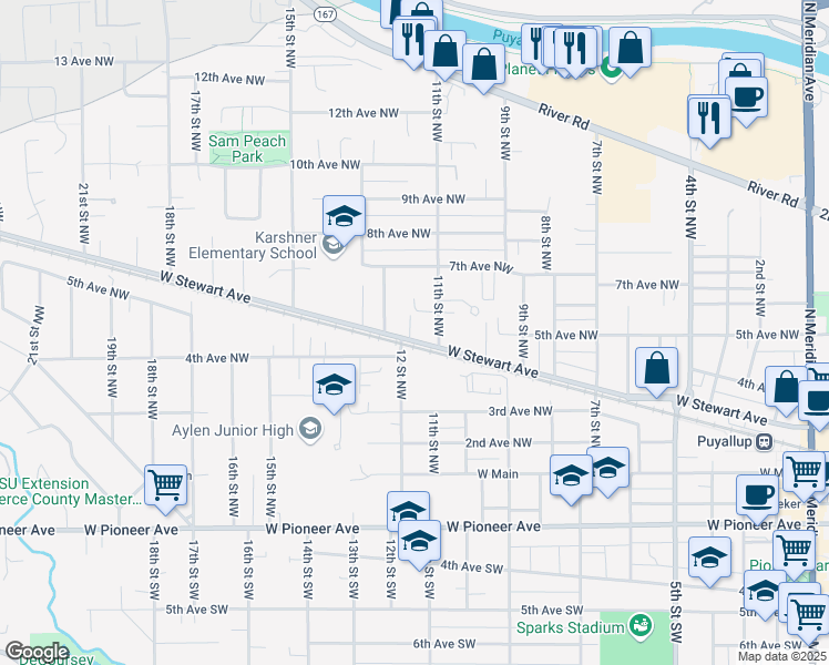 map of restaurants, bars, coffee shops, grocery stores, and more near 508 11th Street Northwest in Puyallup