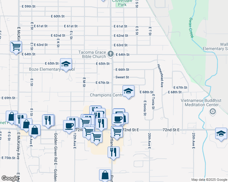 map of restaurants, bars, coffee shops, grocery stores, and more near 6701 Portland Avenue East in Tacoma