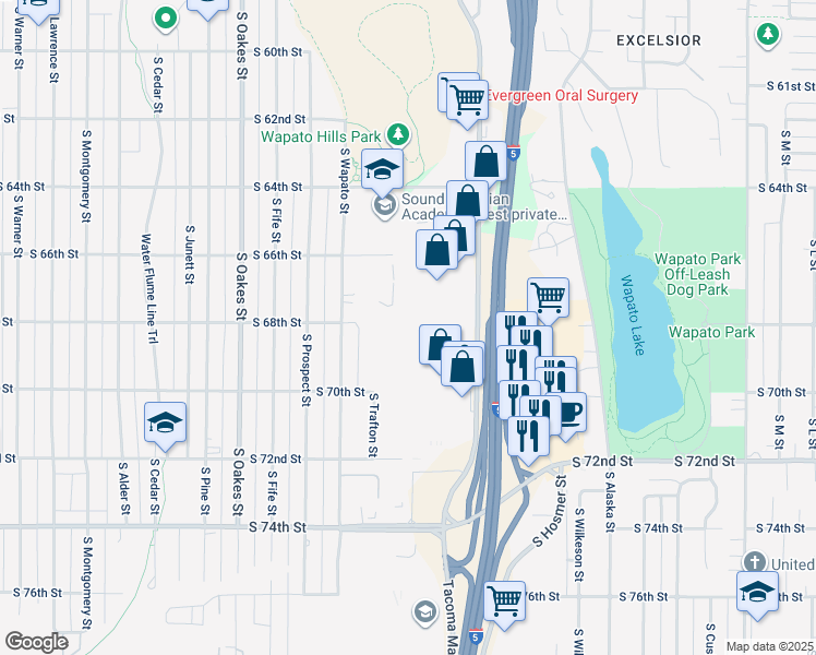 map of restaurants, bars, coffee shops, grocery stores, and more near 6634 Tacoma Mall Boulevard in Tacoma