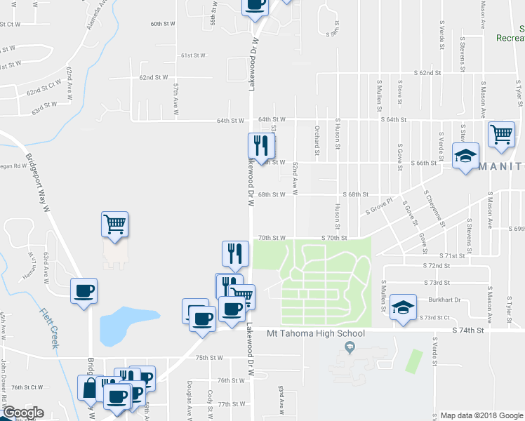 map of restaurants, bars, coffee shops, grocery stores, and more near 6811 Lakewood Drive West in Tacoma