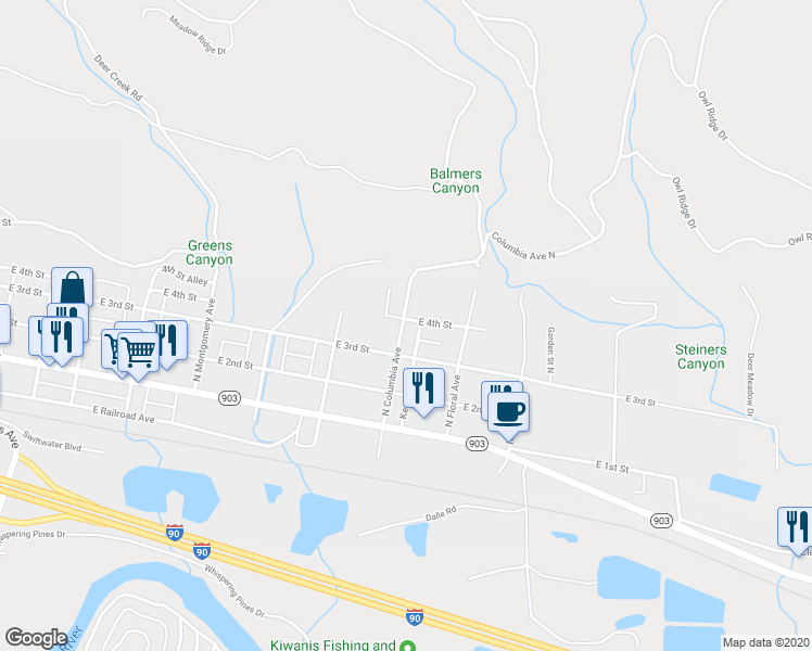 map of restaurants, bars, coffee shops, grocery stores, and more near 410 North Columbia Avenue in Cle Elum