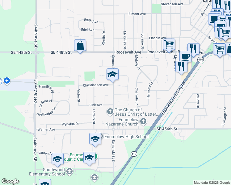 map of restaurants, bars, coffee shops, grocery stores, and more near 2783 Moore Street in Enumclaw