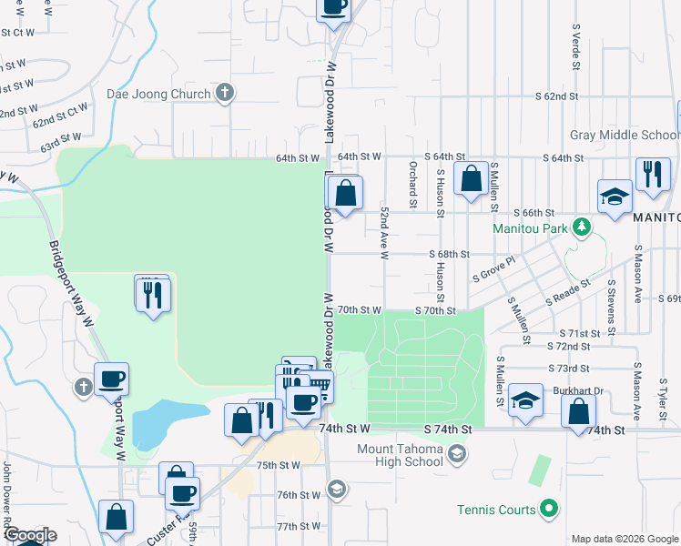 map of restaurants, bars, coffee shops, grocery stores, and more near 6811 Lakewood Drive West in Tacoma