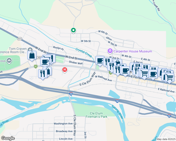 map of restaurants, bars, coffee shops, grocery stores, and more near 411 West 1st Street in Cle Elum
