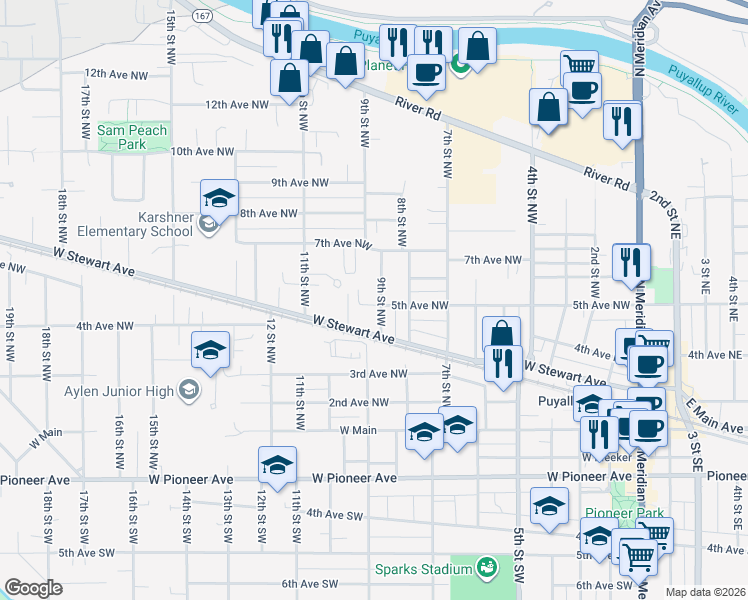 map of restaurants, bars, coffee shops, grocery stores, and more near 903 5th Avenue Northwest in Puyallup