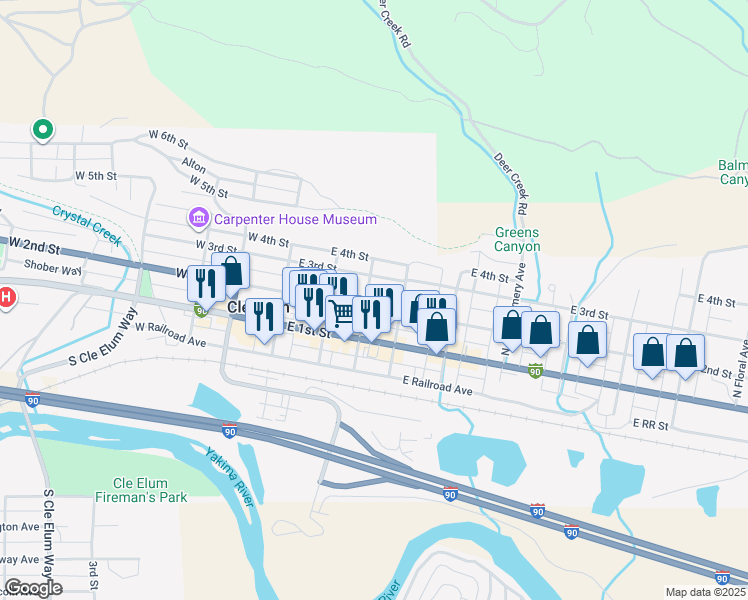 map of restaurants, bars, coffee shops, grocery stores, and more near 311 North Wright Avenue in Cle Elum