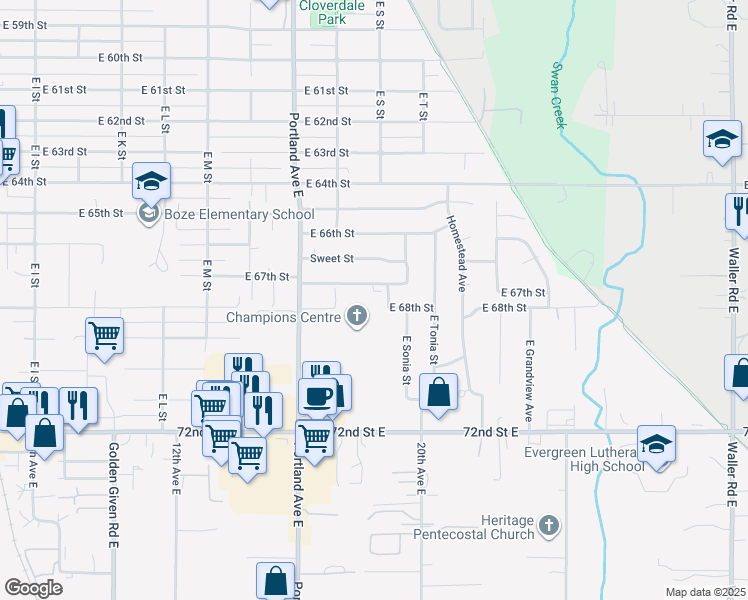 map of restaurants, bars, coffee shops, grocery stores, and more near 1800 East 67th Street in Tacoma