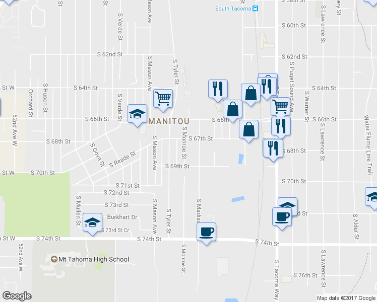 map of restaurants, bars, coffee shops, grocery stores, and more near 6707A South Monroe Street in Tacoma