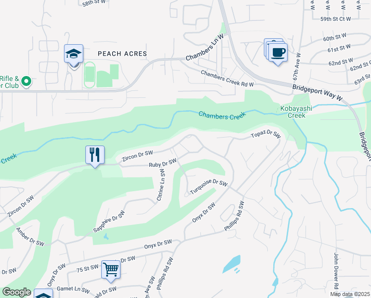 map of restaurants, bars, coffee shops, grocery stores, and more near 7501-7425 Ruby Drive Southwest in Lakewood