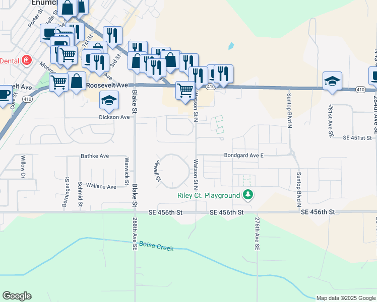 map of restaurants, bars, coffee shops, grocery stores, and more near 411 Jewell Street in Enumclaw