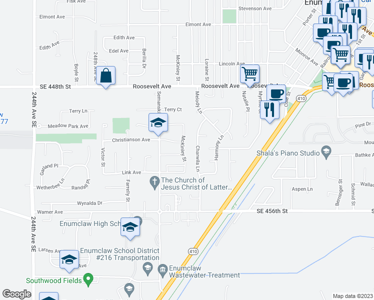 map of restaurants, bars, coffee shops, grocery stores, and more near 557 McKinley Street in Enumclaw