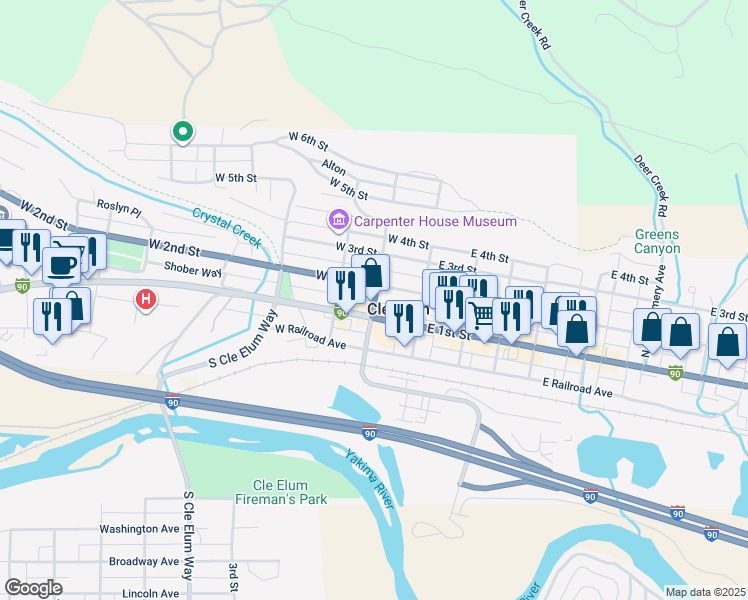 map of restaurants, bars, coffee shops, grocery stores, and more near 200 North Oakes Avenue in Cle Elum