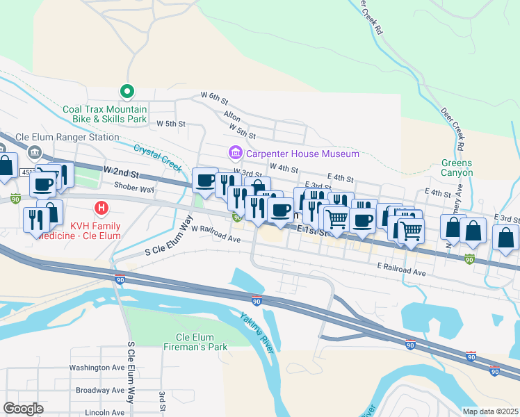 map of restaurants, bars, coffee shops, grocery stores, and more near 200 North Oakes Avenue in Cle Elum