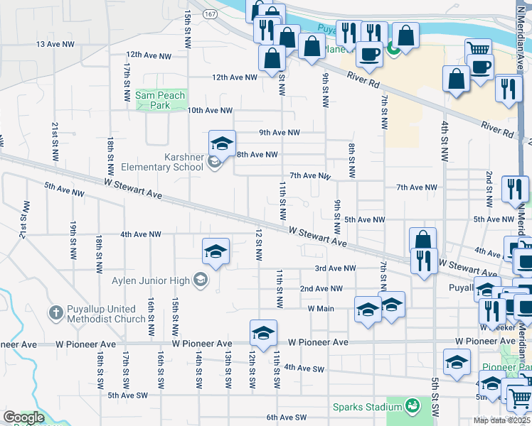 map of restaurants, bars, coffee shops, grocery stores, and more near 508 11th Street Northwest in Puyallup