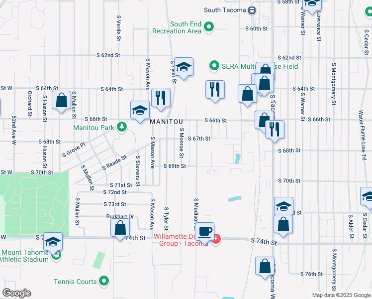 map of restaurants, bars, coffee shops, grocery stores, and more near 6707A South Monroe Street in Tacoma