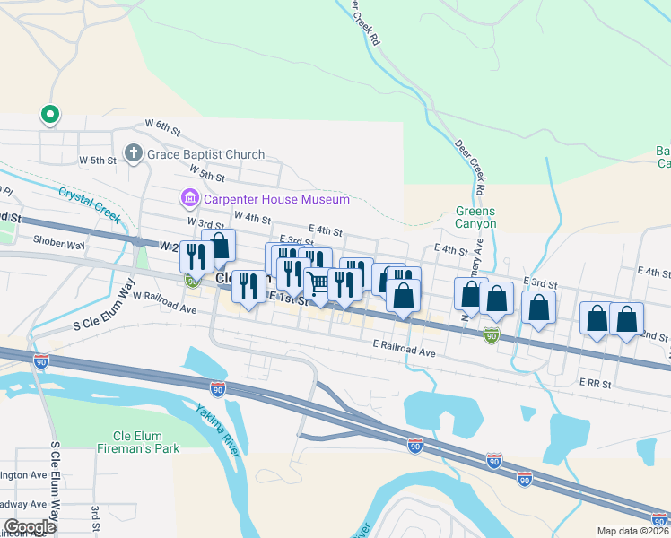 map of restaurants, bars, coffee shops, grocery stores, and more near 305 North Wright Avenue in Cle Elum