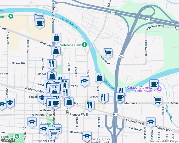 map of restaurants, bars, coffee shops, grocery stores, and more near 503 Bridge Avenue in Puyallup