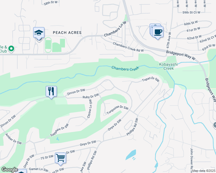 map of restaurants, bars, coffee shops, grocery stores, and more near 7501-7425 Ruby Drive Southwest in Lakewood