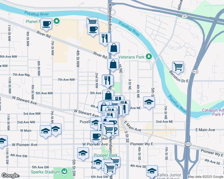 map of restaurants, bars, coffee shops, grocery stores, and more near 505 North Meridian in Puyallup