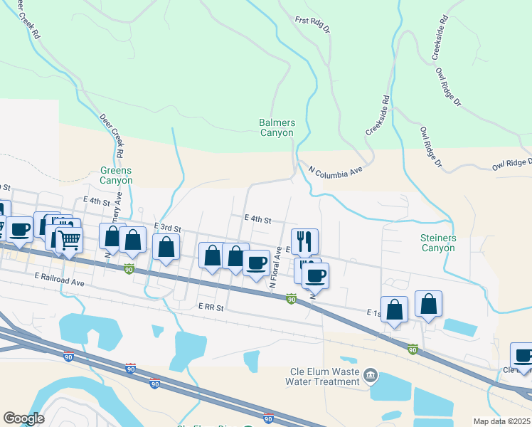 map of restaurants, bars, coffee shops, grocery stores, and more near 504 Columbia Avenue North in Cle Elum
