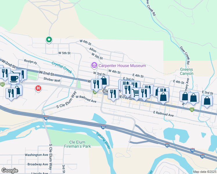 map of restaurants, bars, coffee shops, grocery stores, and more near in Cle Elum