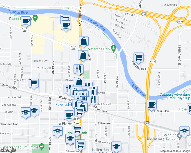 map of restaurants, bars, coffee shops, grocery stores, and more near in Puyallup