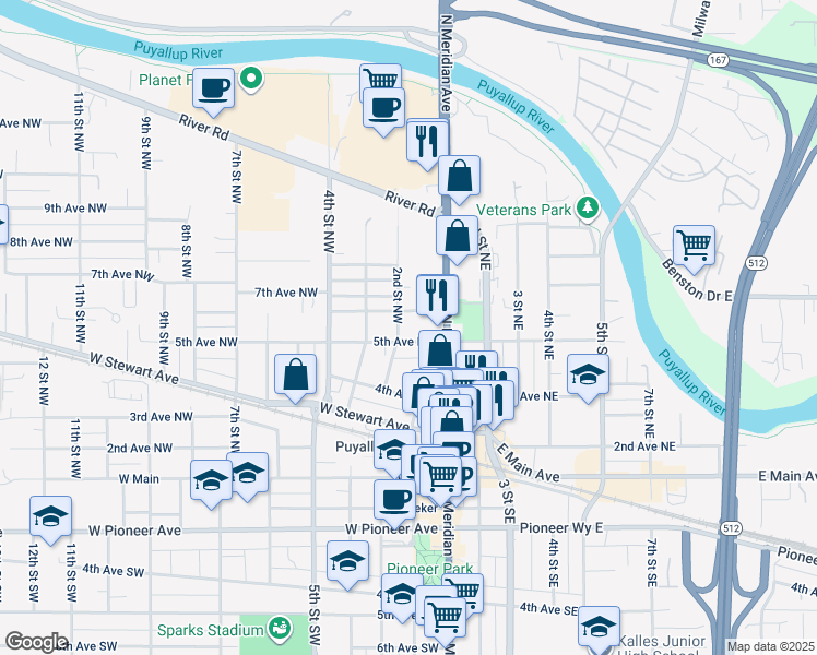 map of restaurants, bars, coffee shops, grocery stores, and more near 122 6th Avenue Northwest in Puyallup