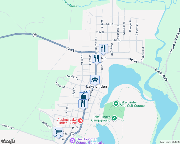 map of restaurants, bars, coffee shops, grocery stores, and more near 801 Maple Street in Lake Linden